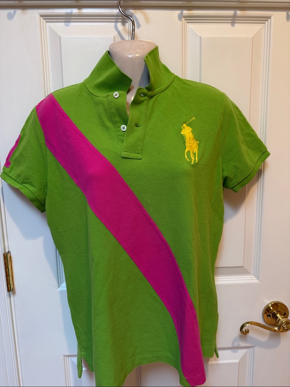Ralph Lauren Green Polo with Pink Diagonal Stripe